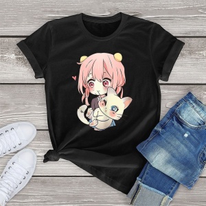 Anime Kawaii Girl Cuddling Cat Unisex Tee