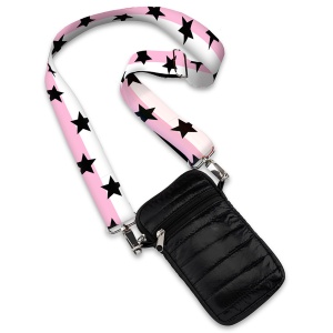 Black Puffer Crossbody Cell Phone Bag with Pink White Split Star Strap