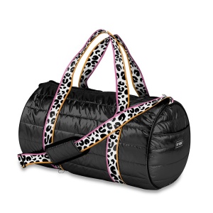 Black Puffer Duffle Leopard Stripe Straps