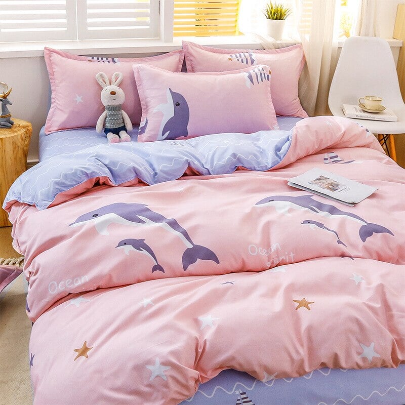 Cartoon Dolphin Pink Ube 120gsm Polyester Bedding Set