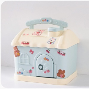 Cute Pink Blue Savings Piggy Bank Money Box House with Stickers