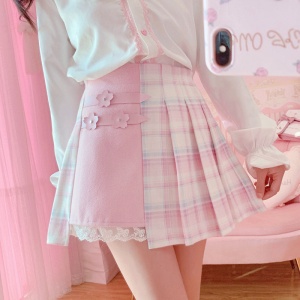 Cute Pleated Pink White Checked Women High-Waist Short Skirt with Lace & Shorts