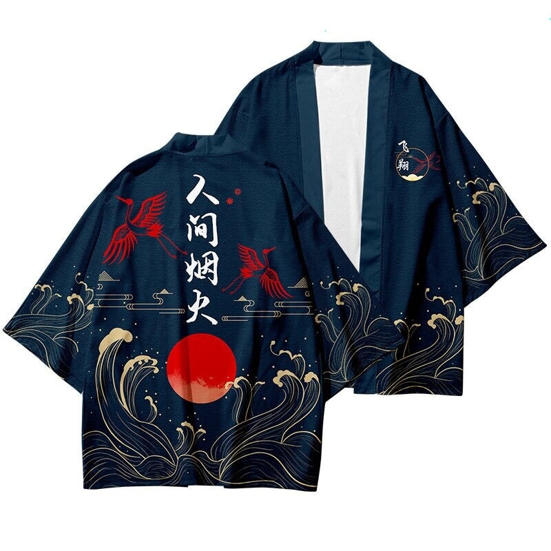 Dark Navy Blood-Red Sun Cranes Unisex Kimono