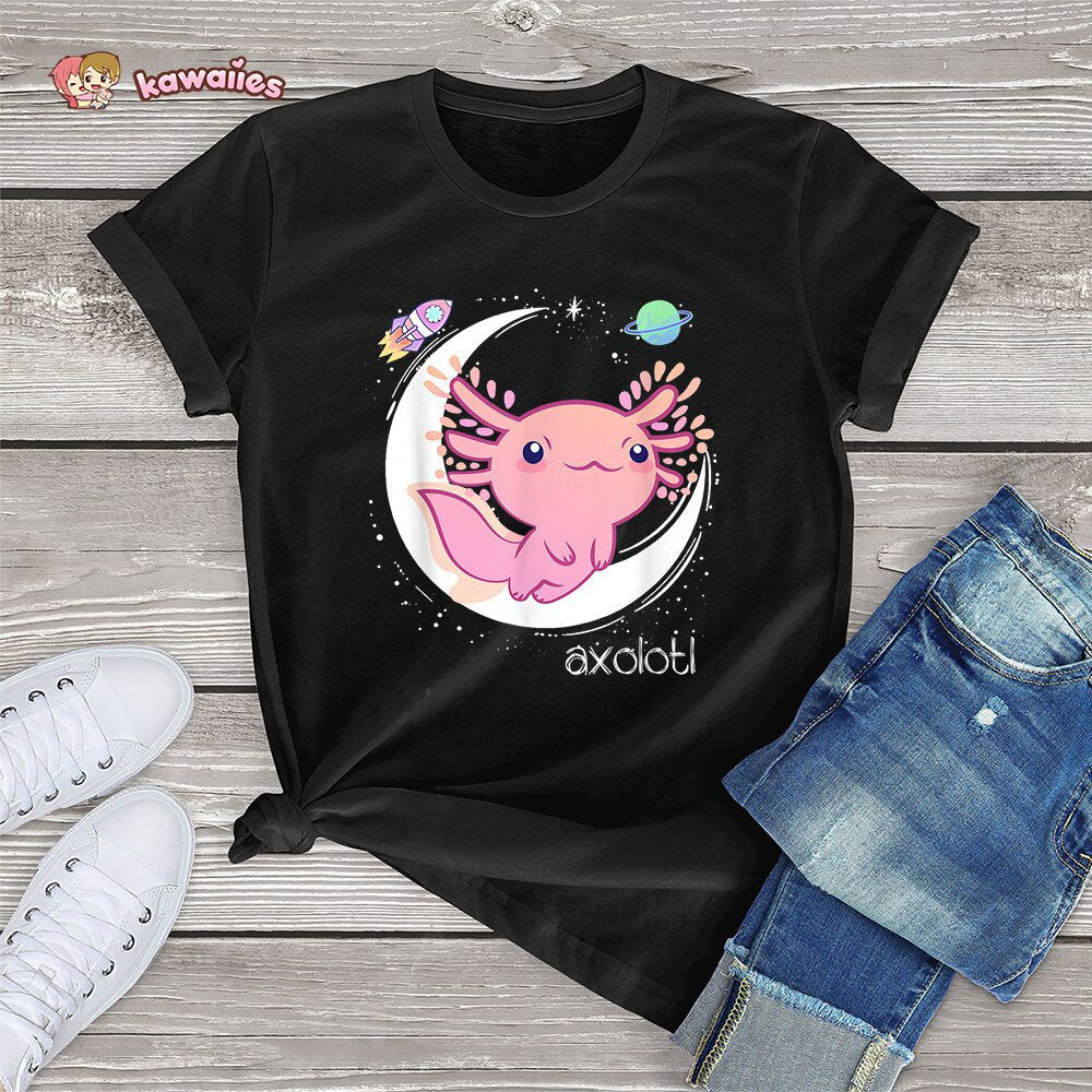 Galaxy Axolotl Landing on the Moon Cotton Tee