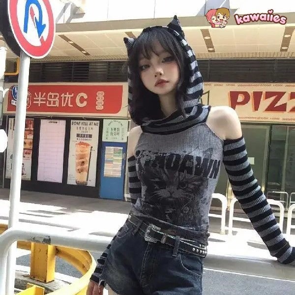 Gothic Gray Striped Cat Hooded Women's Top