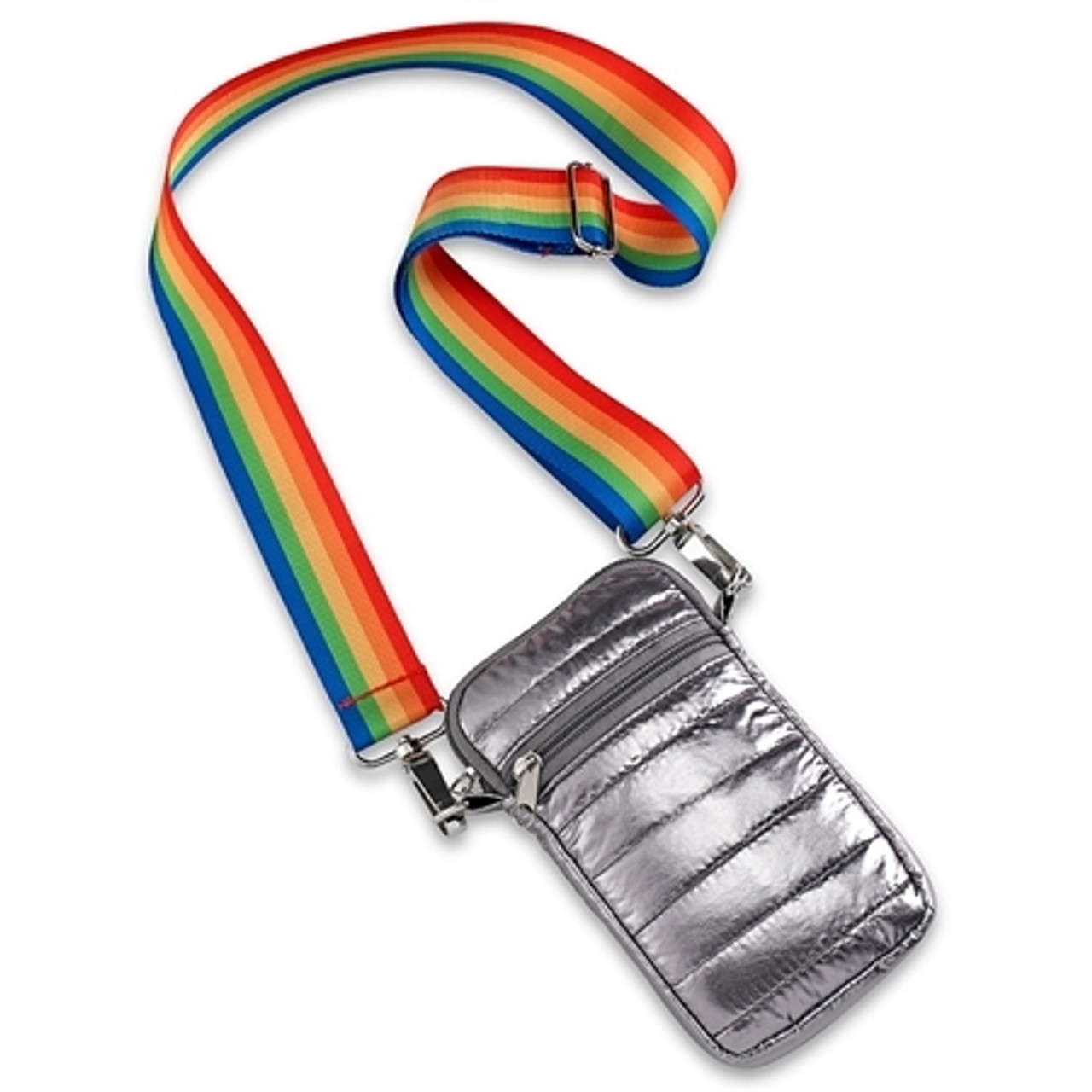 Gunmetal Puffer Crossbody Cell Bag Rainbow Stripe Straps