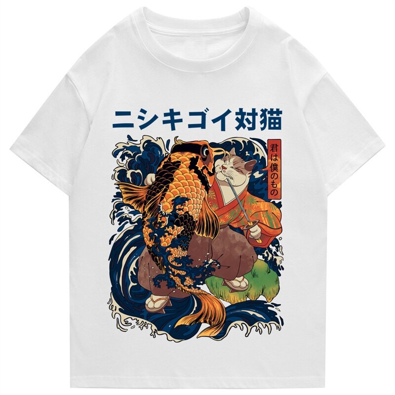 Harajuku Samurai Cat Koi Fish Unisex Tee