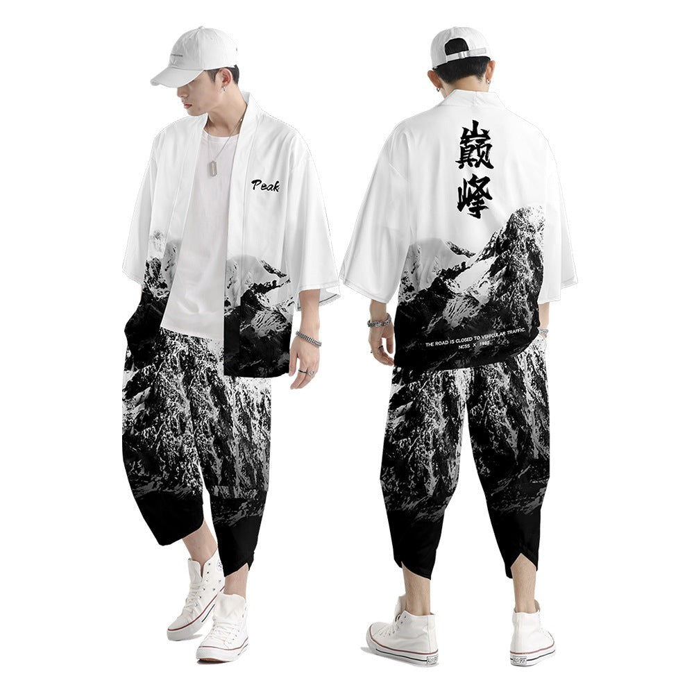 Japanese Black White Mountains Dragon Mens Two-Piece Kimono Yukata Top & Pants Sets