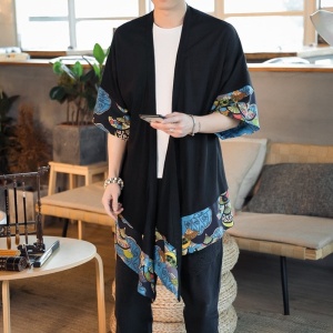 Japanese Blue Fans Black Men's Haori Yukata Kimono Jacket