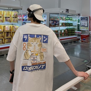 Japanese Cartoon Cat Ramen Oversized Men's Tee Top