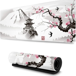 Japanese Pagoda & Cherry Blossom Tree Grayscale Long Mousepad