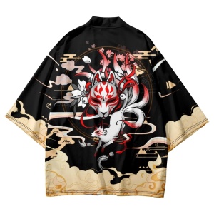 Japanese-themed Black Gold Nine-Tailed Fox Unisex Kimono