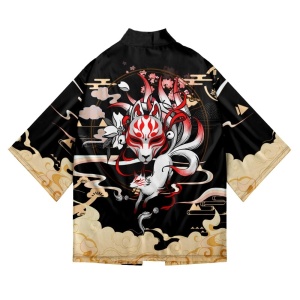 Japanese-themed Black Gold Nine Tailed Fox Unisex Kimono