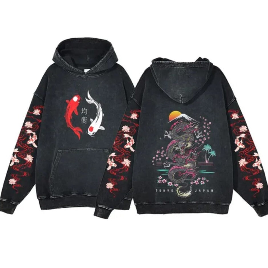 Japanese-themed Dragon Unisex Vintage Hoodies