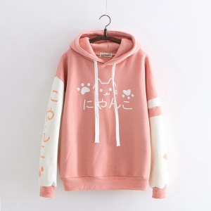 Japanese-themed Pink Blue Two-Tone Cat Hoodie