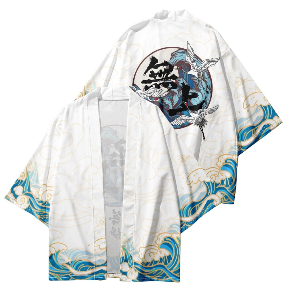 Japanese-themed Three Crane Waves White Unisex Kimono