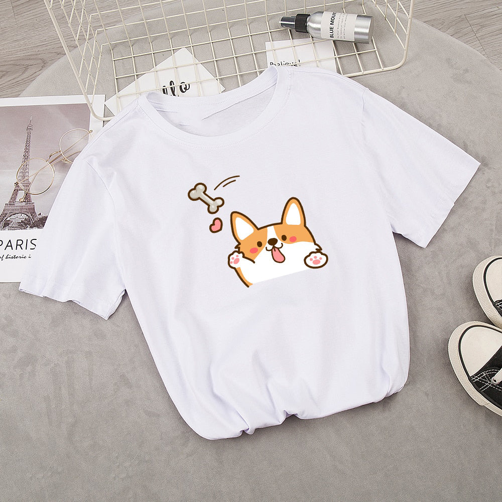 Kawaii Corgi Dog Bone Print Women's Tee