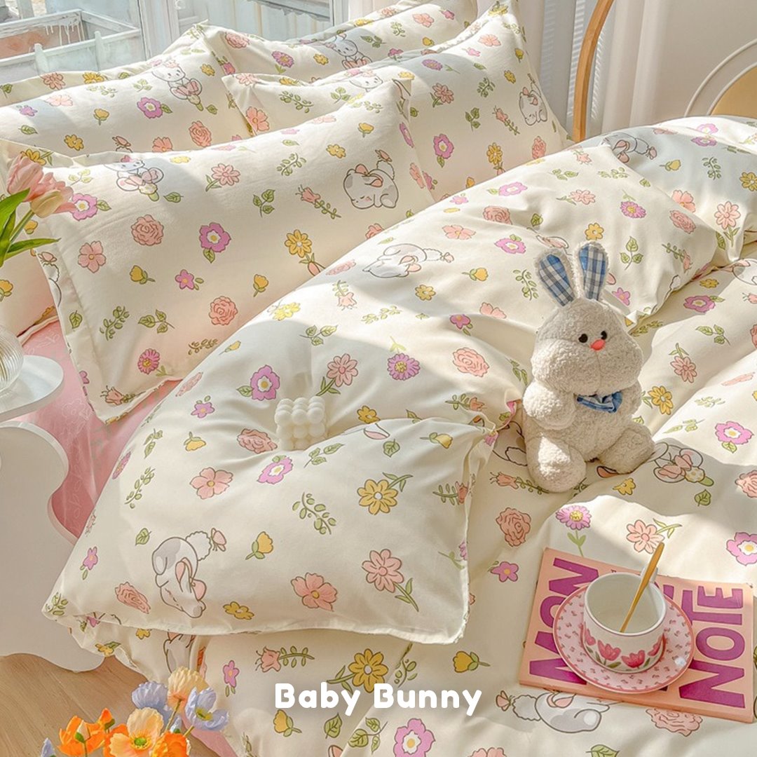 Kawaii Dreamy Floral Bunny 120gsm Polyester Bedding Set Collection