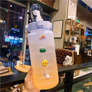 Kawaii Jumbo Plastic 2000ml Water Bottle With Time Marker & Straw