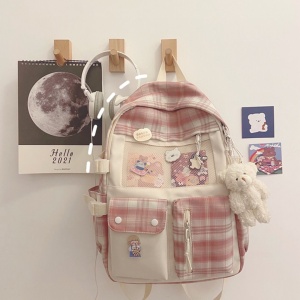 Kawaii Large Checked Multi-Pocket Backpack