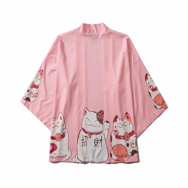 Kawaii Lucky Cat Black Pink Japanese Short Kimono