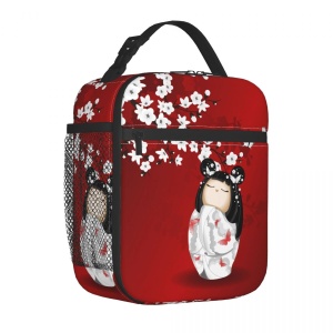 Kokeshi Doll Sakura Blossoms Lunch Bag