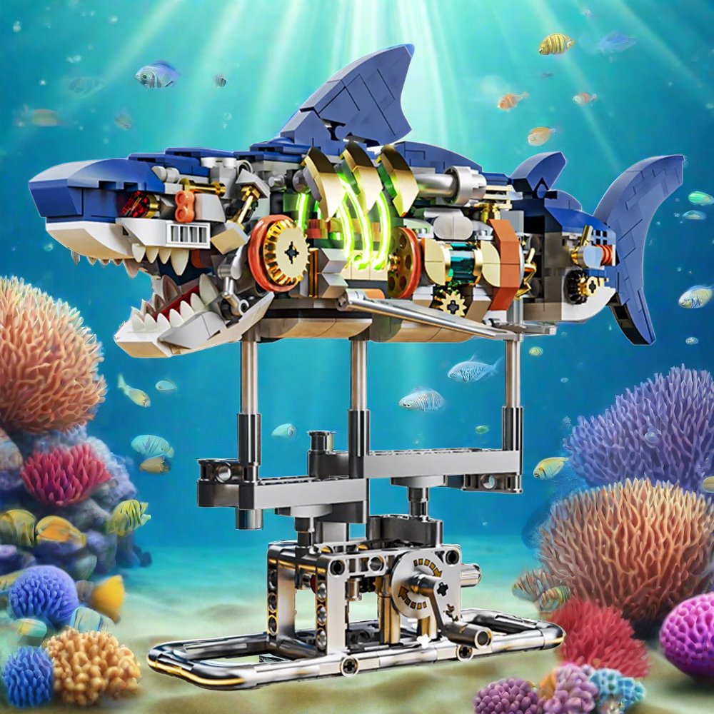 LED Light Mechanical Shark Building Blocks with Display Stand