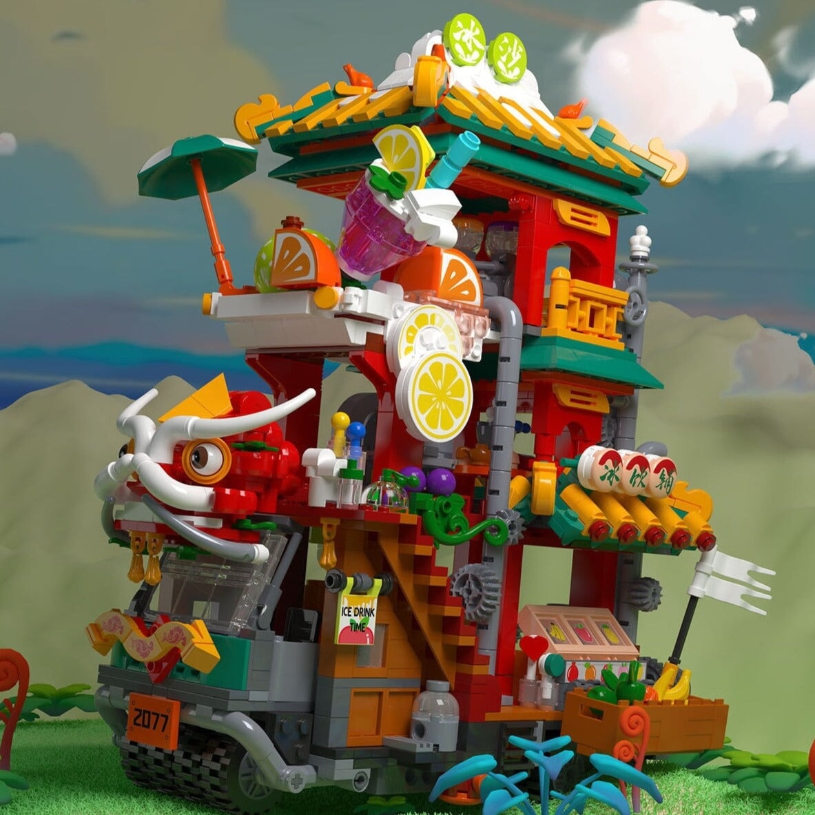 Lion Dance Street Truck Food Stall Micro Building Set