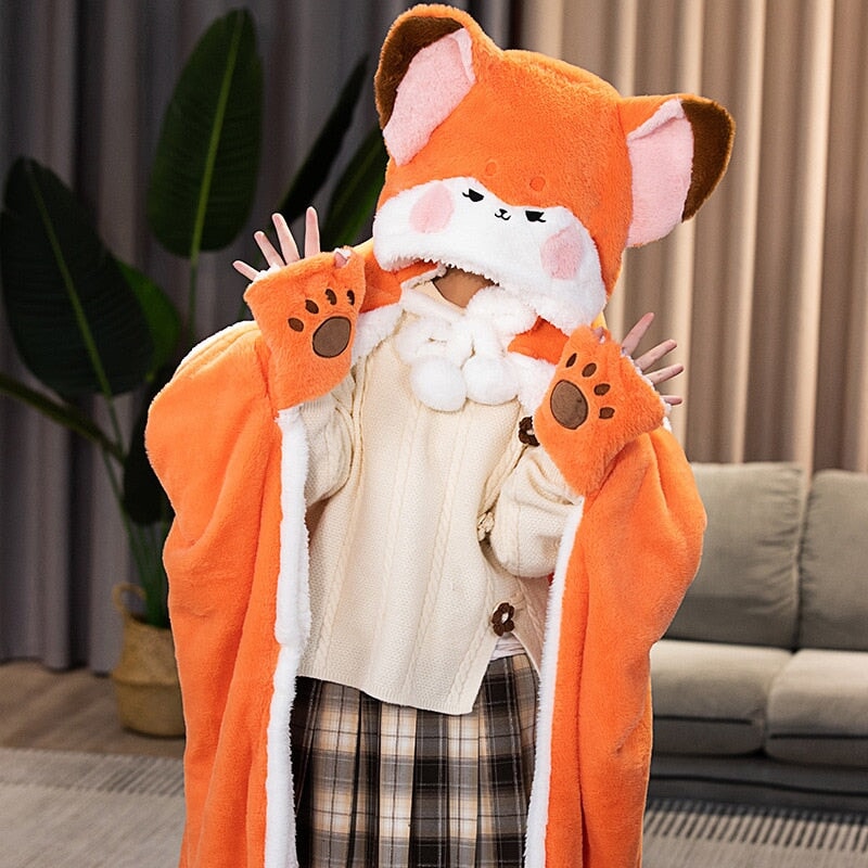 Lovely Orange Fox Plush Cape Hoodie Blanket