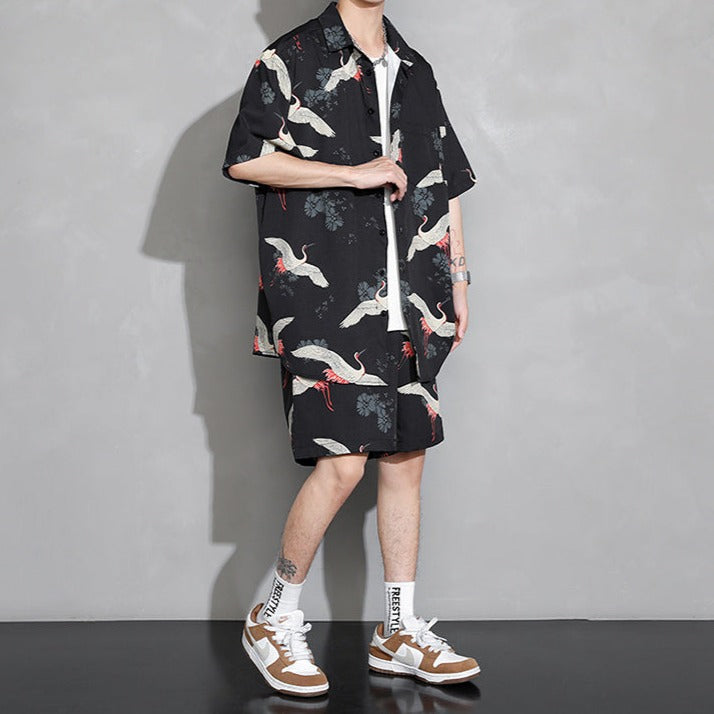 Men's Crane Print Shirt & Shorts Short Sleeve Shirt