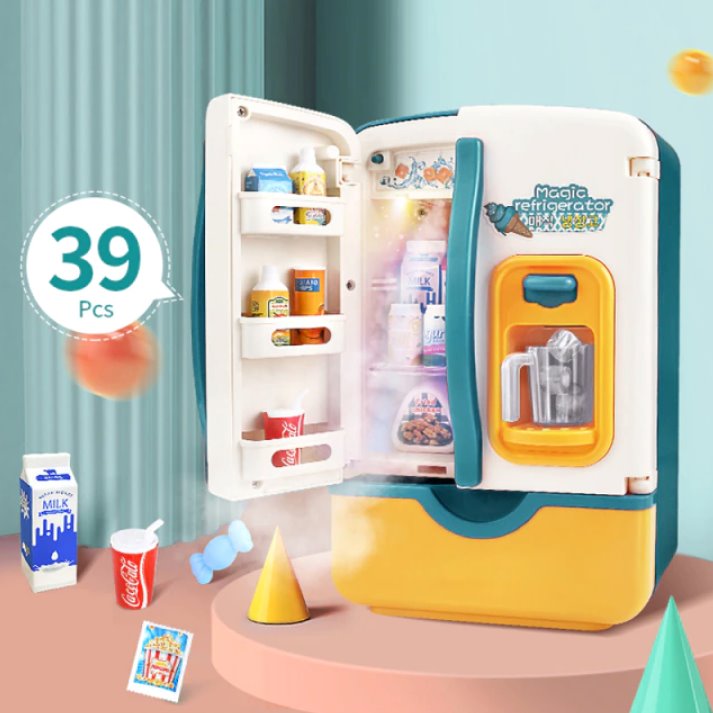 Mini Fridge Refrigerator 39pc Kitchen Kids Toys with Ice Dispenser, Steam & Lights