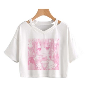 Pink Anime Girl Print V-neck Crop Top Tee