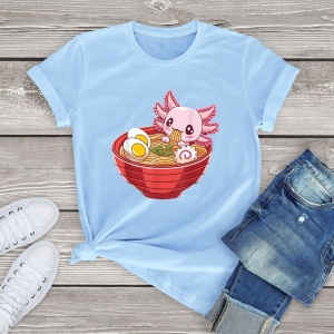 Pink Axolotl eating Ramen Women's Cotton Tee