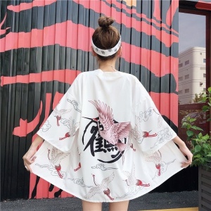 Pink Crane White Black Women's Kimono