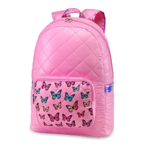 Pink Diamond Stitch Puffer Backpack Butterfly Pocket