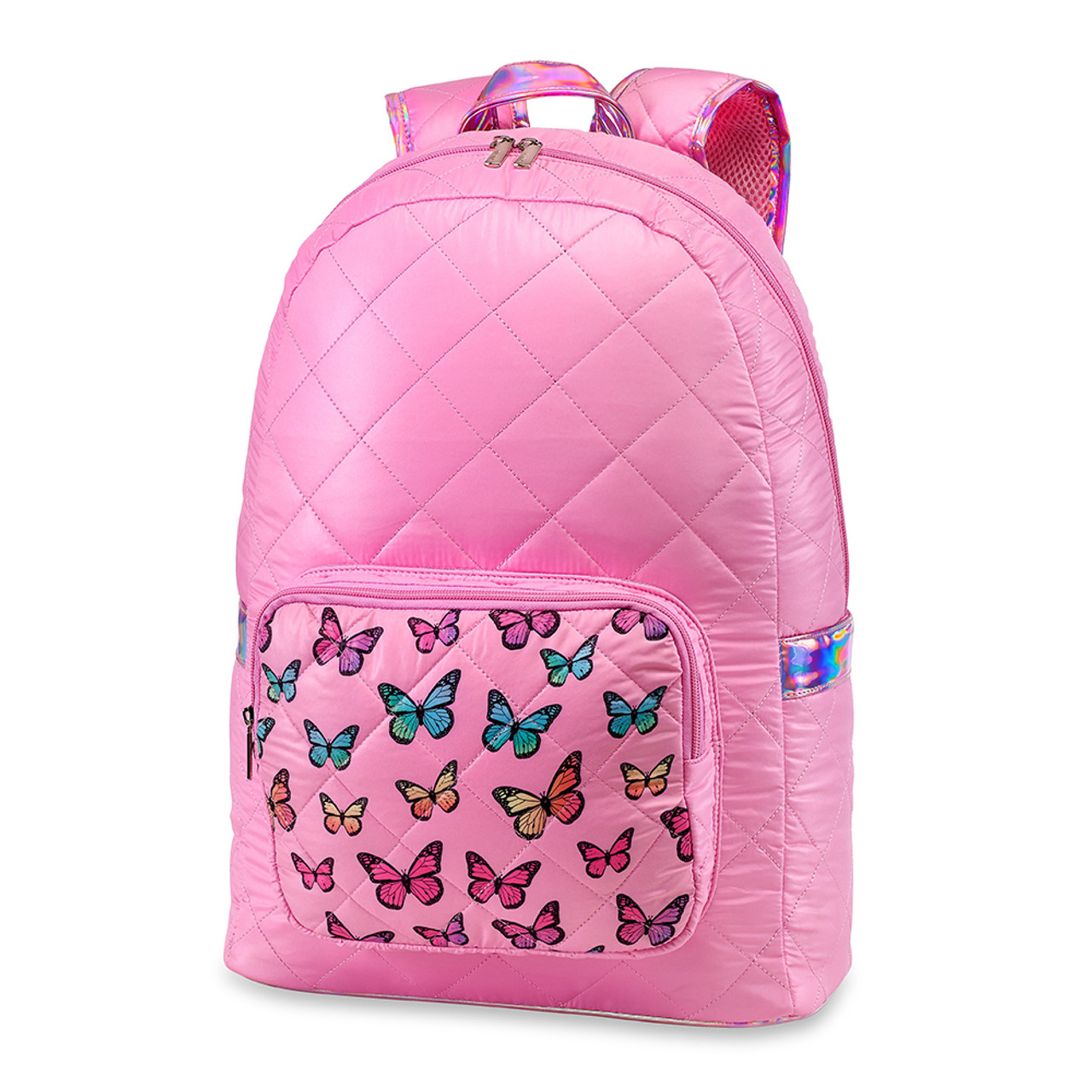 Pink Diamond Stitch Puffer Backpack Butterfly Pocket