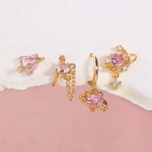 Pink Heart Gold-Plated Asymmetric Stud Earrings