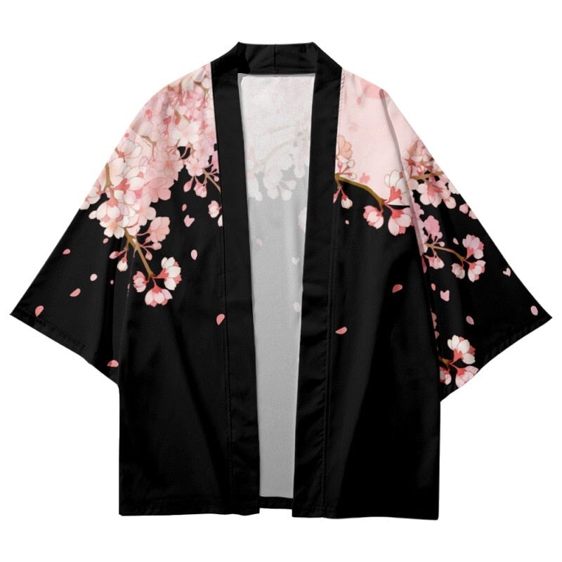 Pink Sakura Flowers Print Unisex Black Kimono