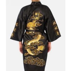 Satin Silk Golden Dragon Embroidery Long Kimono Gown