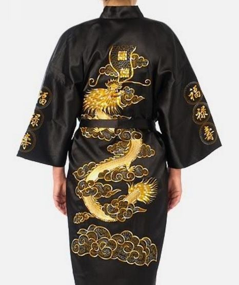 Satin Silk Golden Dragon Embroidery Long Kimono Gown