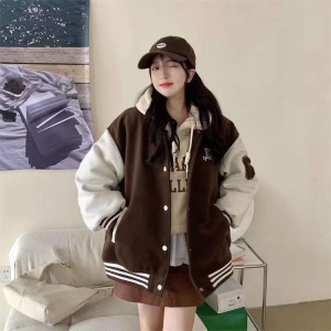 'Unspecified' Six Patch Striped Burgundy Brown Women's Varsity Jacket