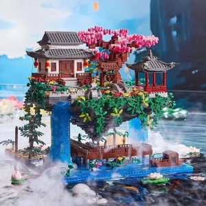 Waterfall Japanese House Sakura Tree Floating Island Nano Building Blocks | Limited Stock